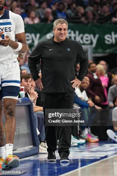 Assistant Coach Micah Nori of the Minnesota Timberwolves looks on during the game against the Dallas Mavericks during Game 4 of the Western...