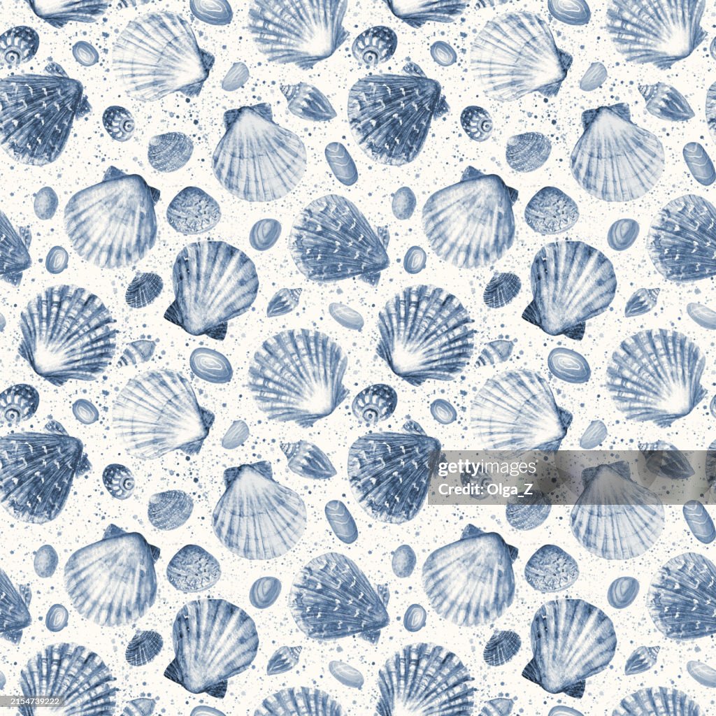 Shaells Pattern Watercolor Sea Shells Navy Blue Seamless Pattern Hand Drawn Ocean ...