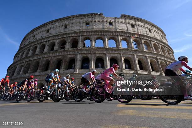 Antonio Tiberi of Italy and Team Bahrain - Victorious - White Best Young Jersey, Tadej Pogacar of Slovenia and UAE Team Emirates - Pink Leader Jersey...