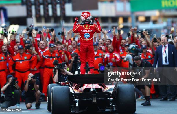 Race winner Charles Leclerc of Monaco and Ferrari celebrates in parc ferme during the F1 Grand Prix of Monaco at Circuit de Monaco on May 26, 2024 in...