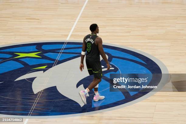 Anthony Edwards of the Minnesota Timberwolves looks on during the game against the Dallas Mavericks during Game 5 of the Western Conference Finals of...