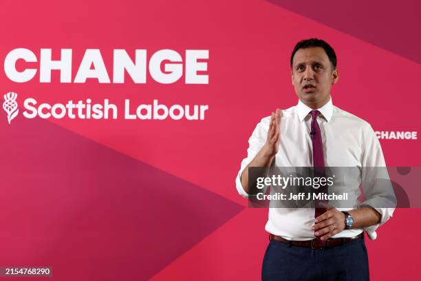 Scottish Labour leader Anas Sarwar speaks during the launch of the Labour party’s ‘six steps to change Scotland’ pledges on May 31, 2024 in Greenock,...