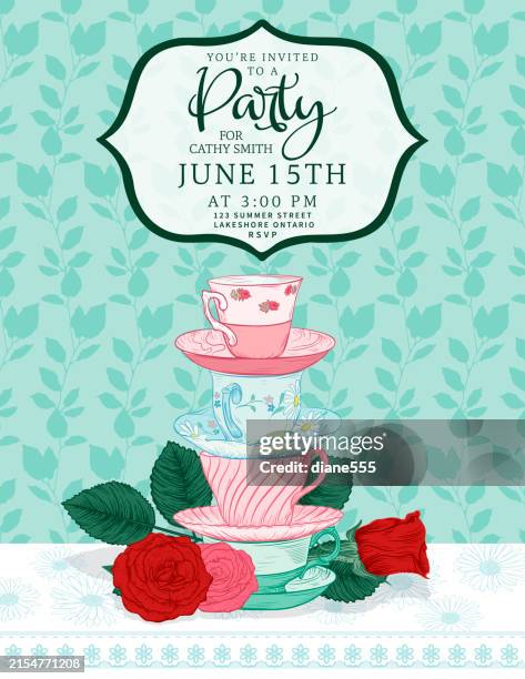 tea cups roses party invitation template - tea party table stock illustrations