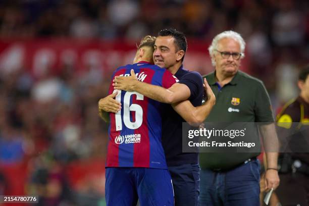 Fermin Lopez of FC Barcelona celebrates after scoring the teams second goal with Xavi, Head Coach of FC Barcelona, during the LaLiga EA Sports match...