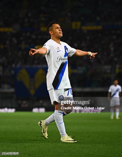 Alexis Sanchez of FC Internazionale celebrates after scoring the goal but the goal was canceled during the Serie A TIM match between Hellas Verona FC...