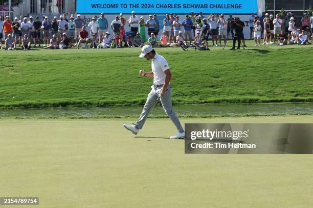 Davis Riley of the United States reacts to winning the Charles Schwab Challenge at Colonial Country Club on May 26, 2024 in Fort Worth, Texas.