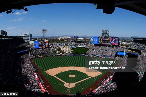 General view of play between the Cleveland Guardians and the Los Angeles Angels in the eighth inning at Angel Stadium of Anaheim on May 26, 2024 in...