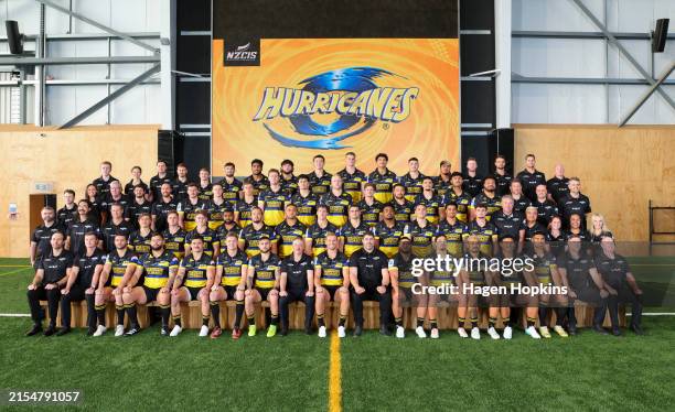 Players and staff pose during the Hurricanes 2024 Team Photo on May 27, 2024 in Upper Hutt, New Zealand.