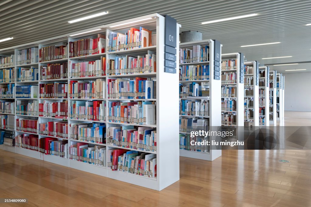 Library Shelf Rows Pretty Rows Of Books On Shelves In Modern Library High-Res Stock Photo - Getty ...