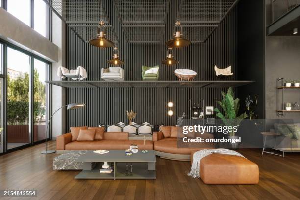 furniture store with different armchairs, sofas, lamps, and dining table - loja de móveis imagens e fotografias de stock