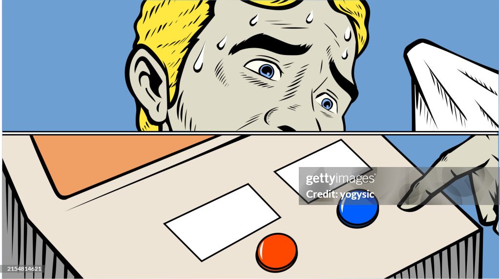 Man Sweating Button Vector Retro Pop Art Sweating Man Choosing Button Meme Stock ...