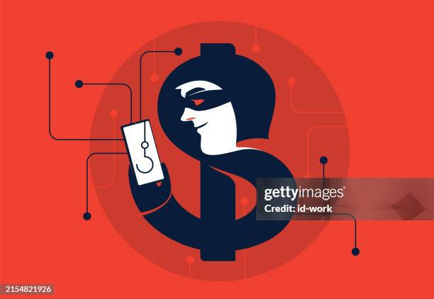 stockillustraties, clipart, cartoons en iconen met hacker holding smartphone with money sign - diefstal criminaliteit