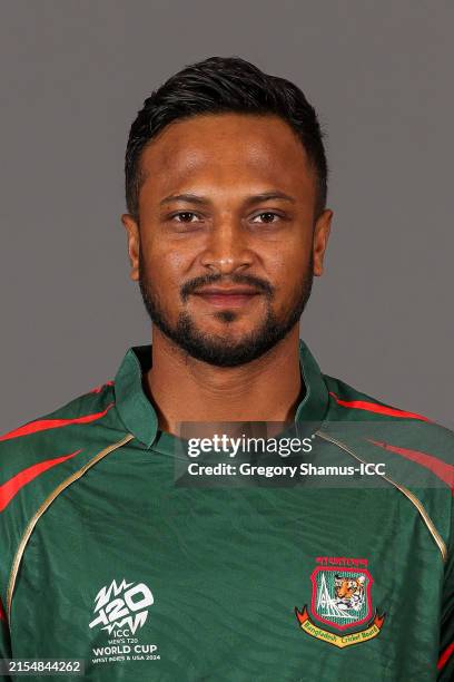 Shakib Al Hasan of Bangladesh poses for a portrait prior to the ICC Men's T20 Cricket World Cup West Indies & USA 2024 on May 26, 2024 in Dallas,...