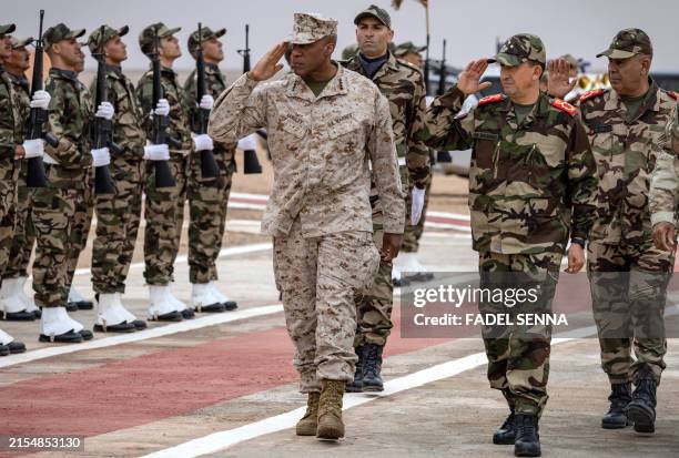 Moroccan Royal Armed Forces Inspector General and Commander of the southern military zone Major General Mohammed Berrid and the Commander of US...
