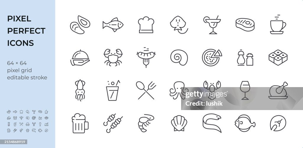 Seafood & Grilled Food icon set. Editable stroke weight. Pixel perfect icons.