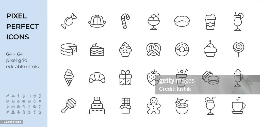 Sweet Food & Drinks icon set. Editable stroke weight. Pixel perfect icons.