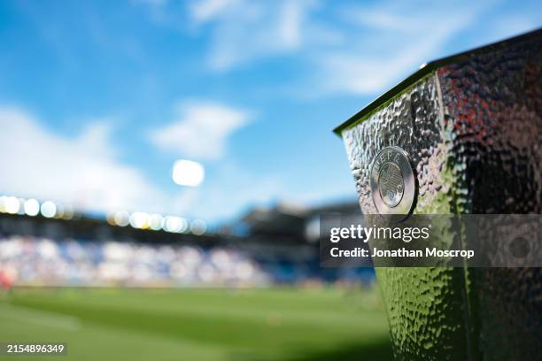 The recently won Europa League Trophy sits proudly on the touchline prior to the Serie A TIM match between Atalanta BC and Torino FC - Serie A TIM at...