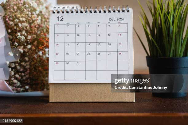 december 2024 desk calendar with dried flowers and potted plant - december stockfoto's en -beelden