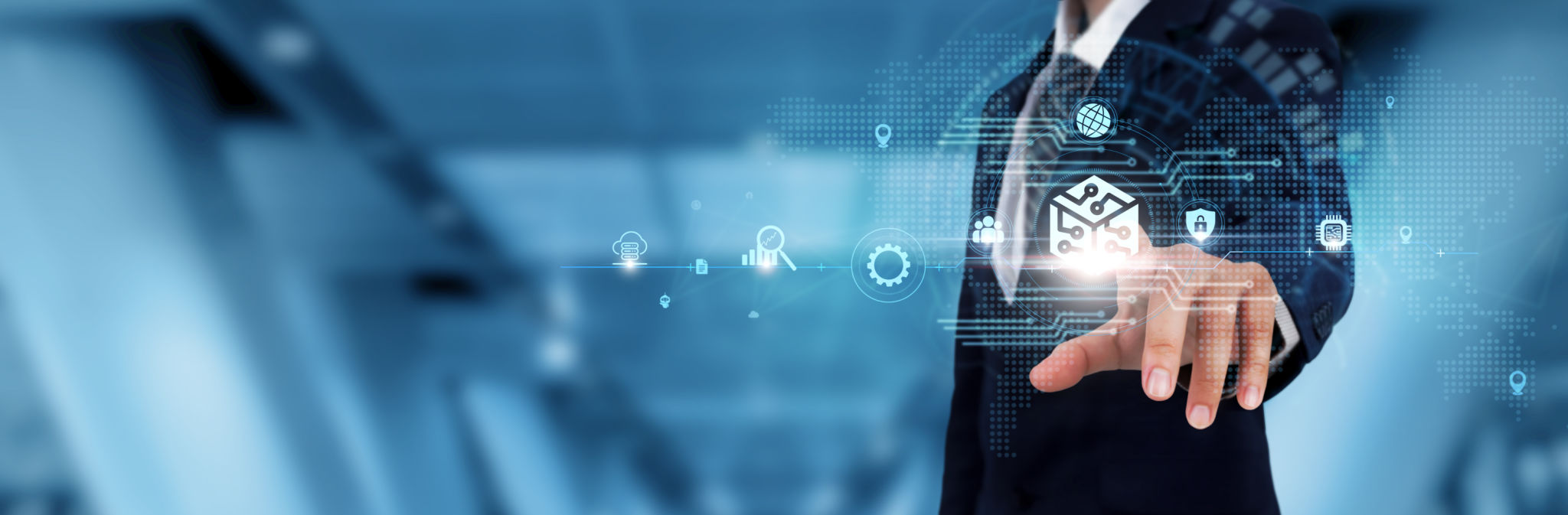 Blockchain Technology: Businessman touching the Blockchain icon and global technological Networking. Decentralization, Transparency, Security. Blockchain Technology: Businessman touching the Blockchain icon and global technological Networking. Decentralization, Transparency, Security.