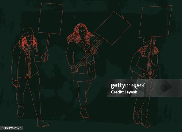 protestors protesting at a protest march for awareness in a sketchy drawing grunge style - climate justice stock illustrations
