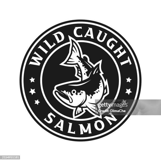 salmon fish silhouette in circle with text wild caught salmon - vector badge, stamp or sticker - pet death stock illustrations