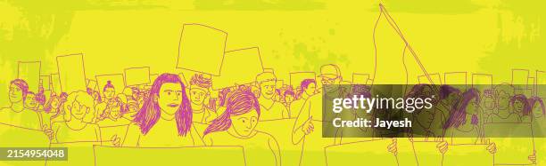 protestors protesting for awareness at a strike protest march for for awareness in a sketchy style - climate justice stock illustrations