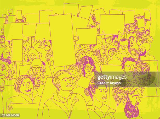 protestors protesting for awareness at a strike protest march for for awareness in a sketchy style - climate justice stock illustrations