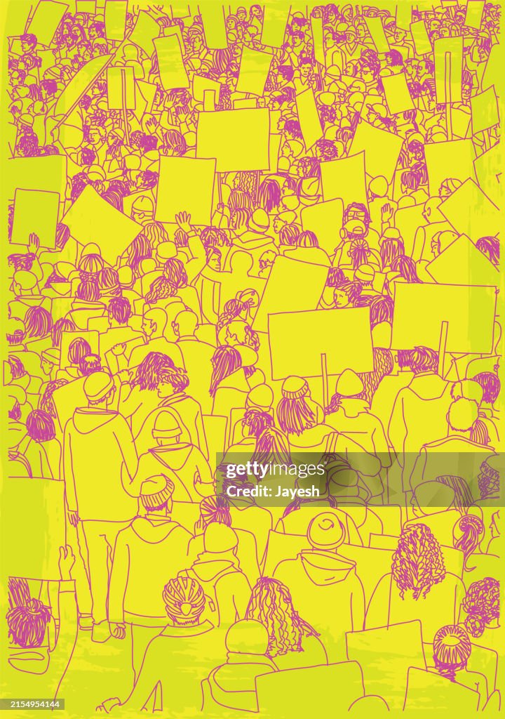 Demonstranten protestieren bei einem Streik Protestmarsch für Bewusstsein in einem skizzenhaften Stil