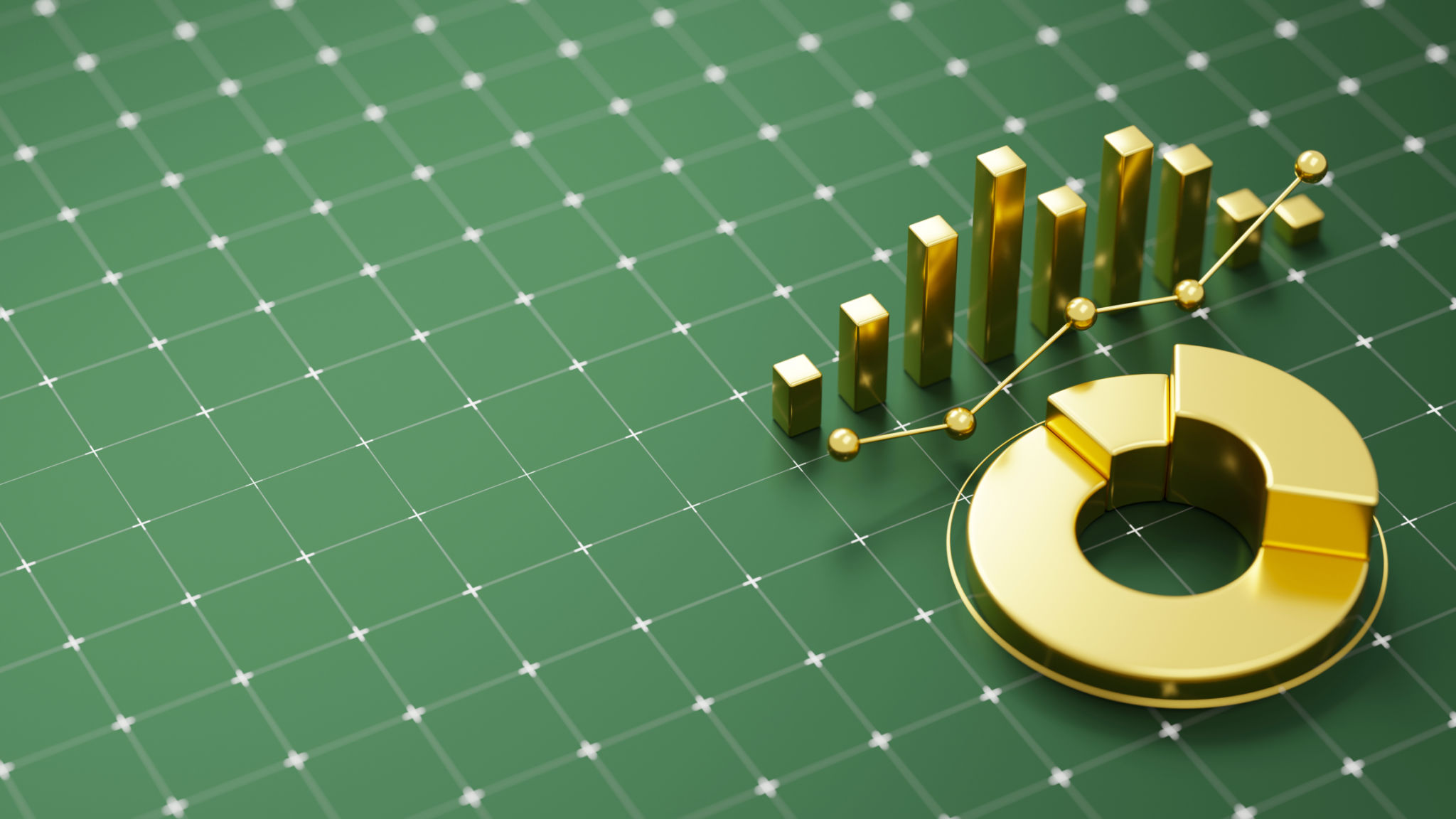 Golden financial graphs and diagram on the green background with a grid pattern Golden financial graphs and diagram on the green background with a grid pattern