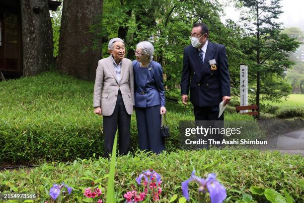 Emperor Emeritus Akihito and Empress Emerita Michiko visit Nikko Tamozawa Imperial Villa Memorial Park on May 28, 2024 in Nikko, Japan.
