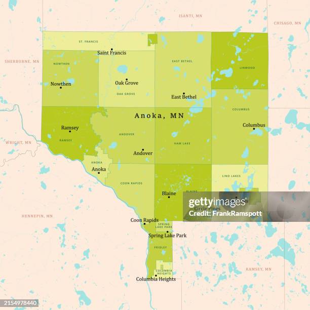 ilustraciones, imágenes clip art, dibujos animados e iconos de stock de mn condado de anoka mapa vectorial verde - anoka county