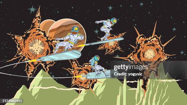 vector retro pop art surfing spacemen superheroes in space with explosions in the background stock illustration - cartoon spaceship stock illustrations