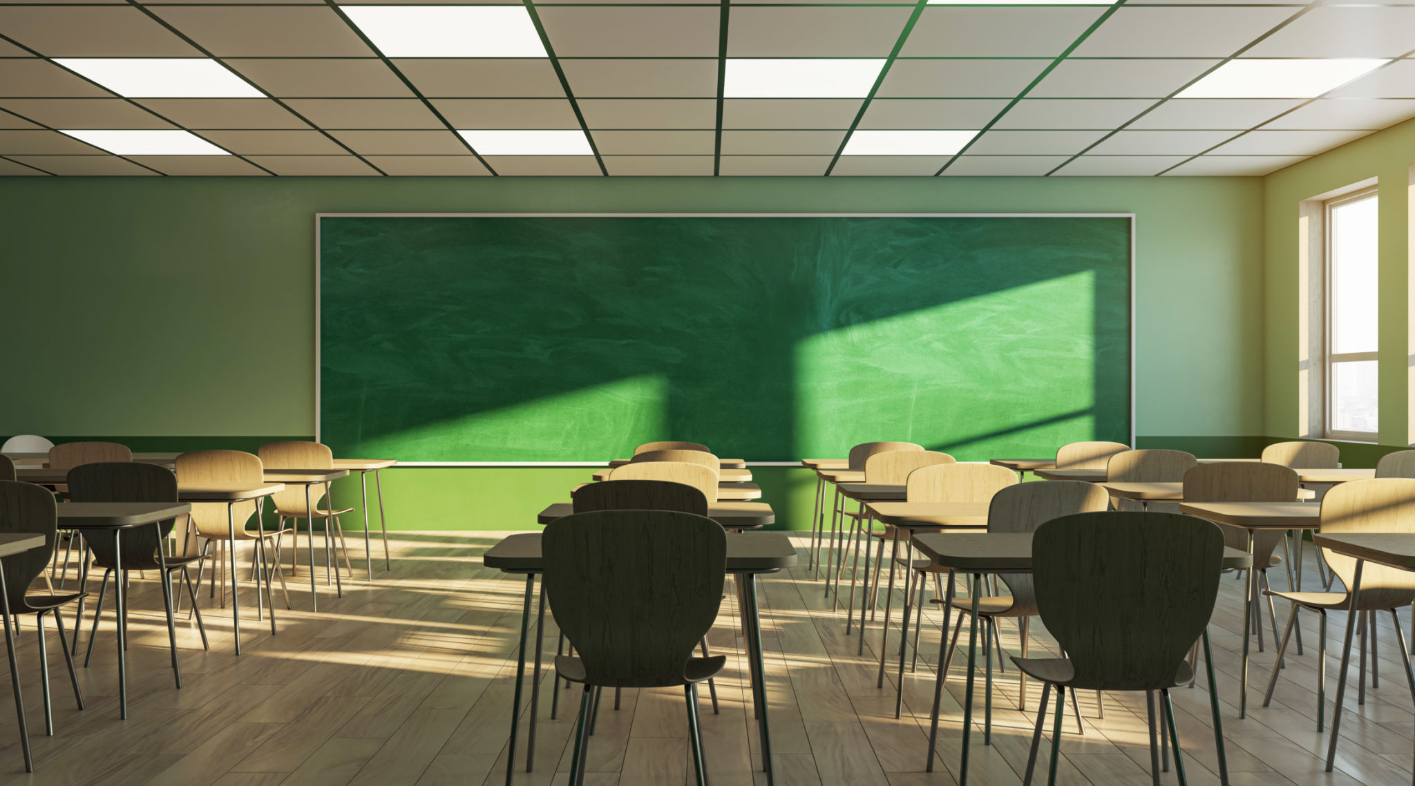 An empty classroom with chairs, desks, and a green chalkboard, illuminated by sunlight, evoking education concept. 3D Rendering An empty classroom with chairs, desks, and a green chalkboard, illuminated by sunlight, evoking education concept. 3D Rendering
