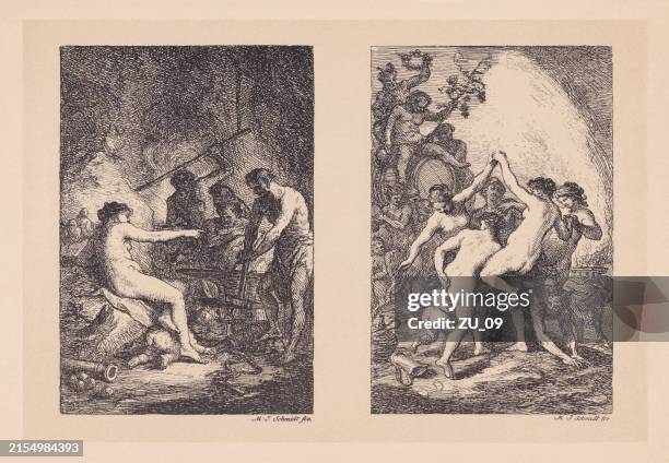 stockillustraties, clipart, cartoons en iconen met greek-roman mythological scenes, engraved by schmidt, facsimiles, published 1891 - de drie gratiën