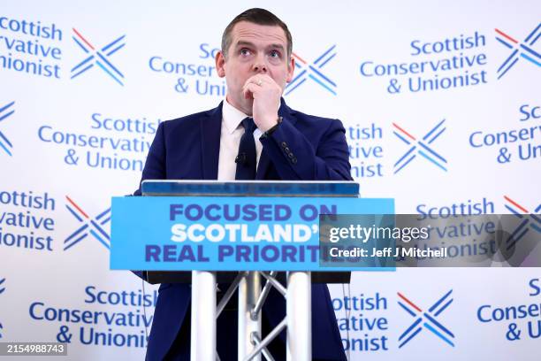 Scottish Conservative party leader Douglas Ross reacts at the Scottish Conservatives' official general election campaign launch at the Royal George...
