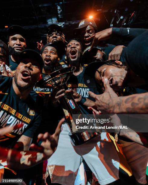Petroleos De Luanda celebrate after winning the 2024 Basketball Africa League championship on June 1, 2024 at BK Arena in Kigali, Rwanda. NOTE TO...