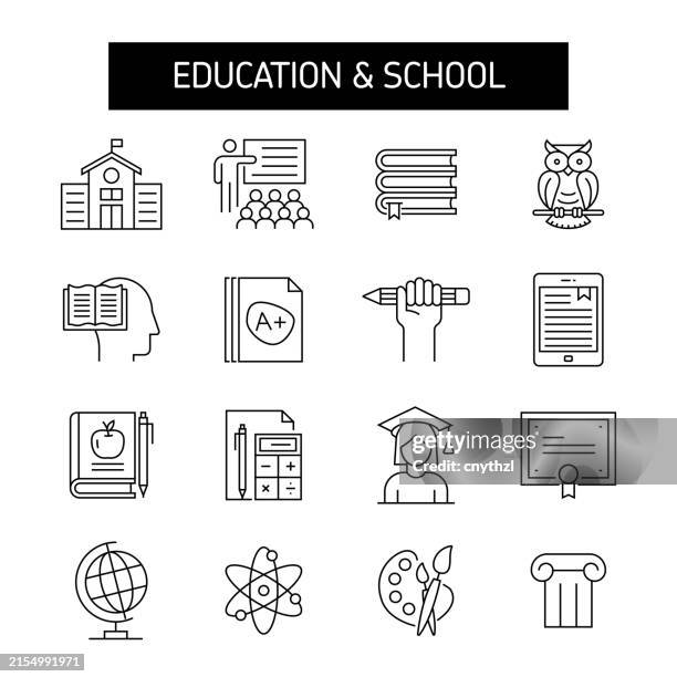 education and school line icon set. student, lesson, classroom, graduation - lab test report stock illustrations