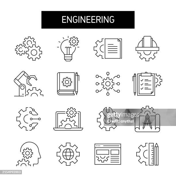 engineering line icon set. blueprint, automation, project, maintenance - architect computer stock illustrations