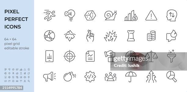 risk management icon set. editable stroke weight. pixel perfect icons. - mollusc stock illustrations