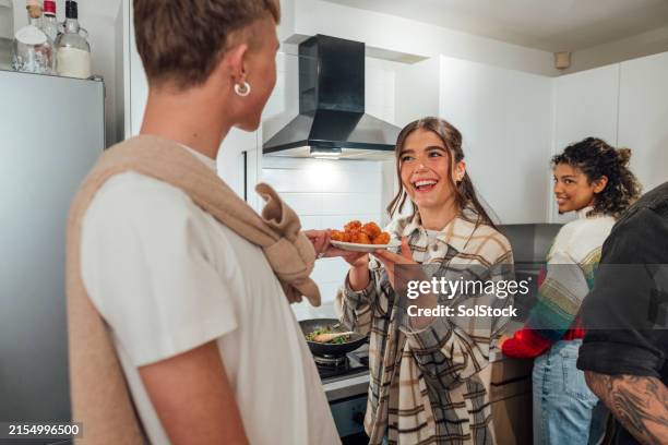 first dish complete! - gefrituurde kip stockfoto's en -beelden