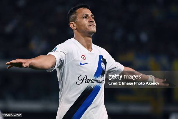 Alexis Sanchez of FC Internazionale celebrates a goal later disallowed after a VAR review during the Serie A TIM match between Hellas Verona FC and...