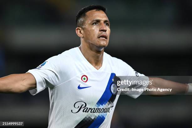 Alexis Sanchez of FC Internazionale celebrates a goal later disallowed after a VAR review during the Serie A TIM match between Hellas Verona FC and...