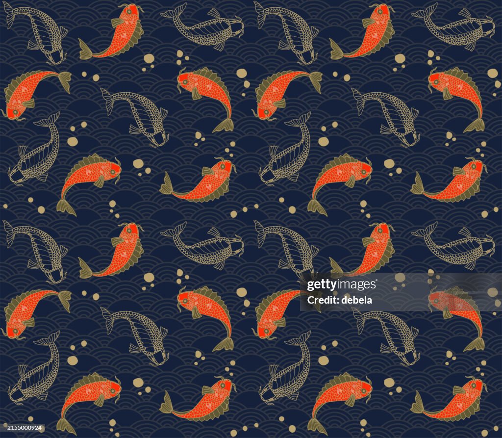 Red and gold Japanese koi fish pattern with a navy blue seigaiha background.