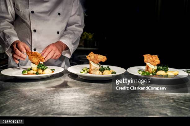 chef au col préparant un plat de ballotine de poulet - poulet viande blanche photos et images de collection