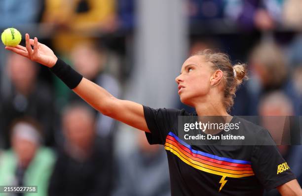 Arantxa Rus of the Netherlands serves against Angelique Kerber of Germany in the Women's Singles first round match on Day Three of the 2024 French...