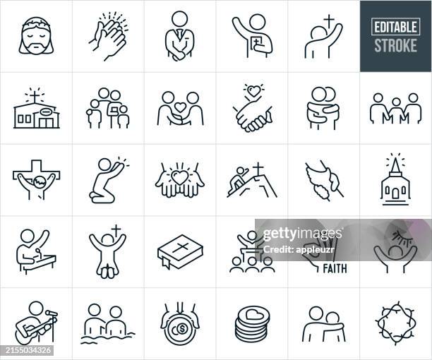 ilustraciones, imágenes clip art, dibujos animados e iconos de stock de iconos de línea fina fe y cristianismo - trazo editable - símbolo religioso