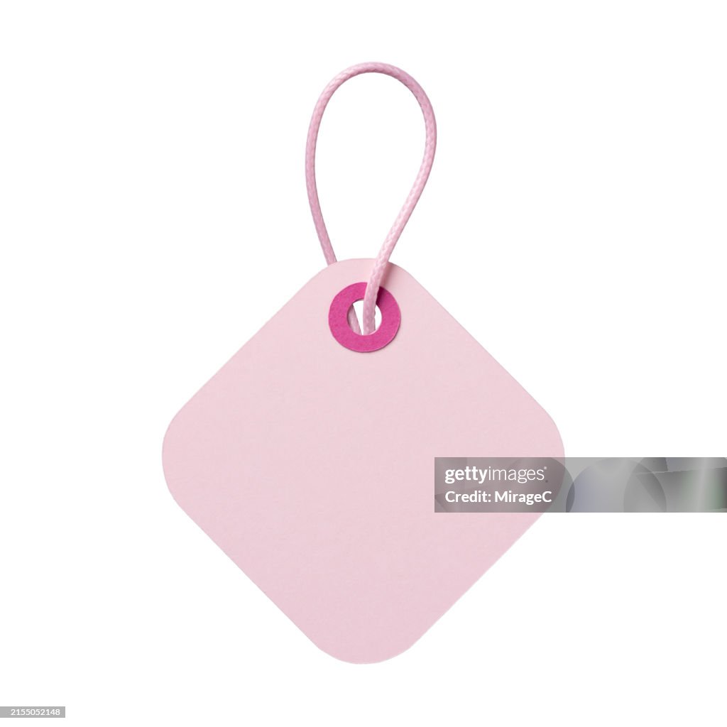 Square Shape Pink Paper Price Label With Rope Isolated on White