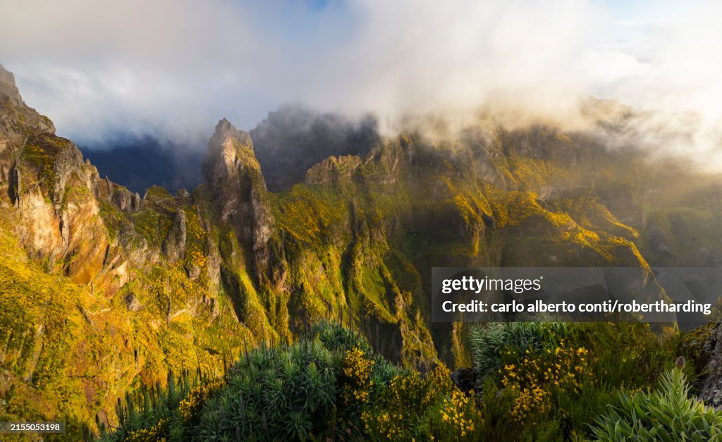 View from Miradouro do Ninho da Manta of Pico do Arieiro at sunrise, Madeira, Portugal, Atlantic, Europe