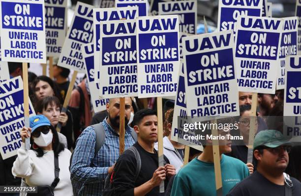 Academic workers from United Auto Workers Local 4811 picket on the first day of their strike on May 28, 2024 in Los Angeles, California. The academic...