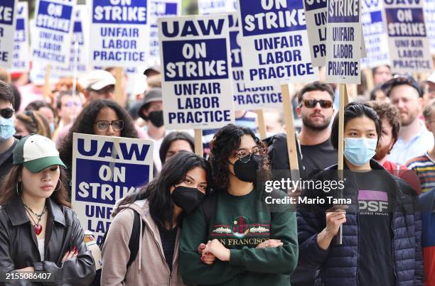 Academic workers from United Auto Workers Local 4811 rally on the first day of their strike on May 28, 2024 in Los Angeles, California. The academic...